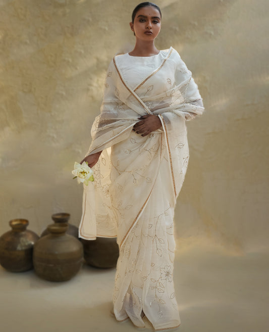 Ivory Organza Saree with Gold Floral Embroidery & Zari Border