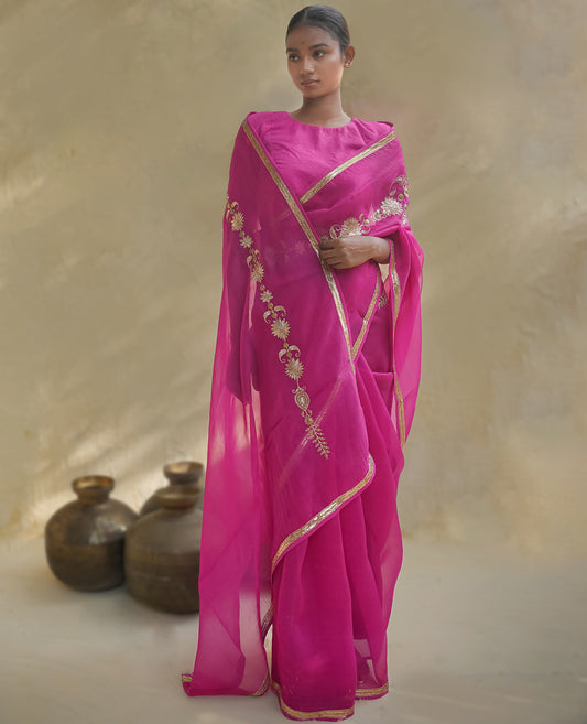 Hot Pink Organza Saree with Gold Zari Border & Embroidered Motifs