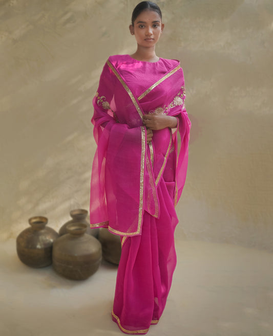 Hot Pink Organza Saree with Gold Zari Border & Embroidered Motifs