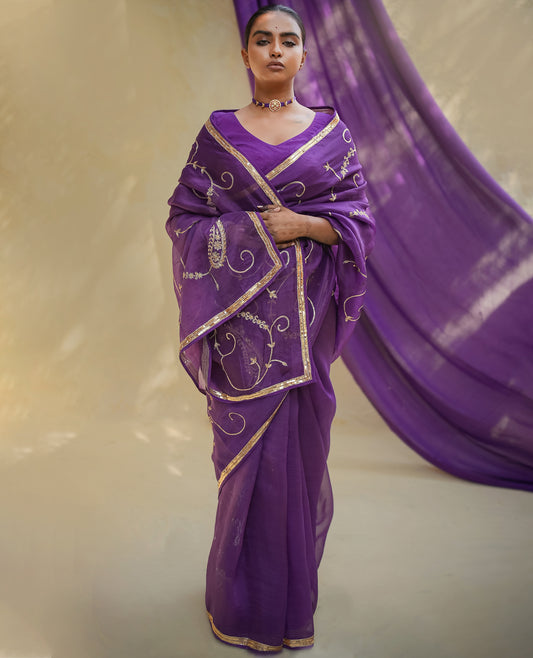 Royal Purple Chanderi Saree with Gold Vine Embroidery & Zari Border