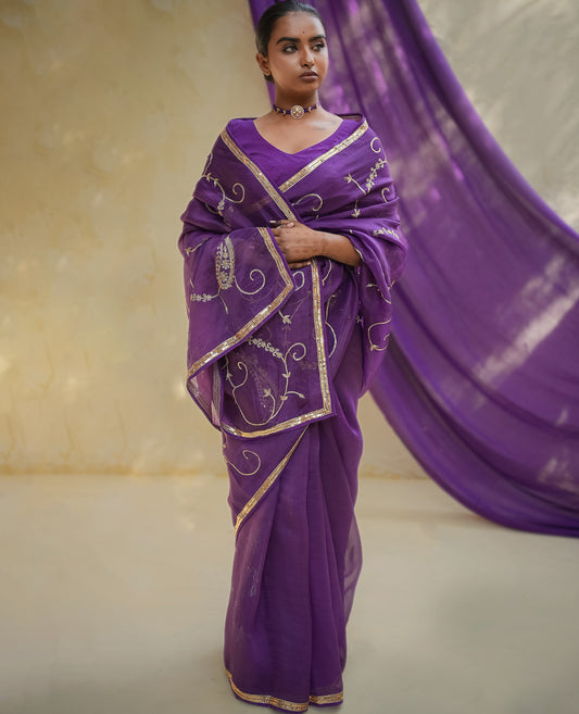 Royal Purple Chanderi Saree with Gold Vine Embroidery & Zari Border