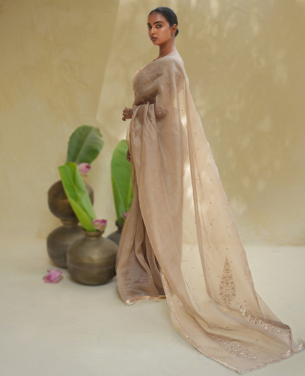 Champagne Gold Organza Saree with Zari Border & Sequin Buttas