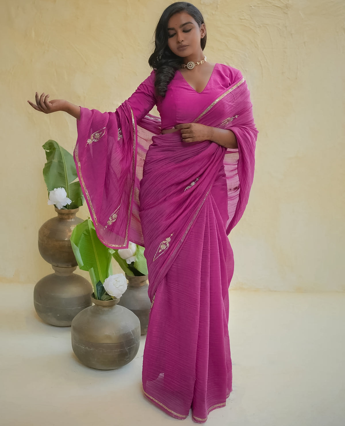 Rani Pink Textured Chanderi Saree with Gold Zari Border