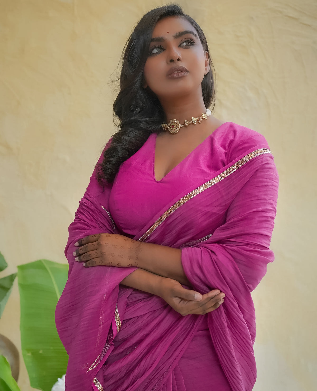 Rani Pink Textured Chanderi Saree with Gold Zari Border