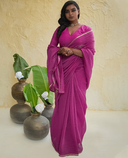 Rani Pink Textured Chanderi Saree with Gold Zari Border