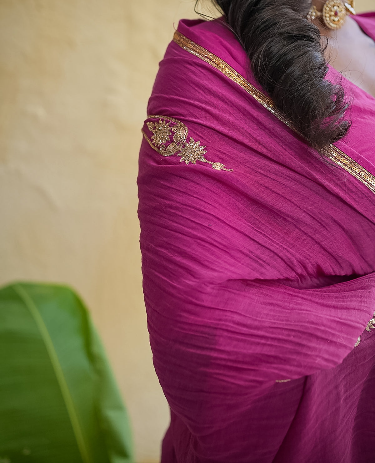 Rani Pink Textured Chanderi Saree with Gold Zari Border