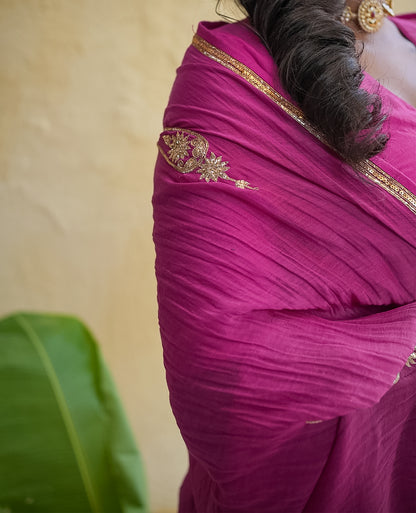 Rani Pink Textured Chanderi Saree with Gold Zari Border