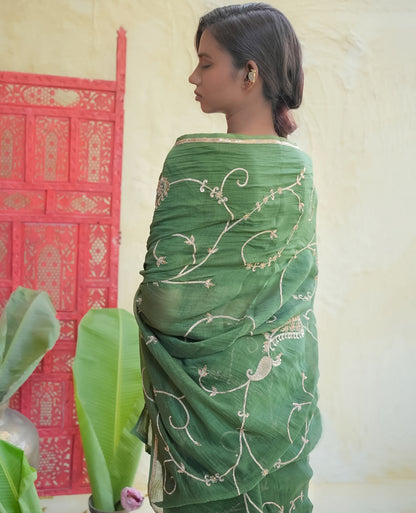 Emerald Green Chanderi Saree with Gold Vine Embroidery & Paisley Pallu