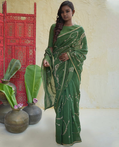 Emerald Green Chanderi Saree with Gold Vine Embroidery & Paisley Pallu
