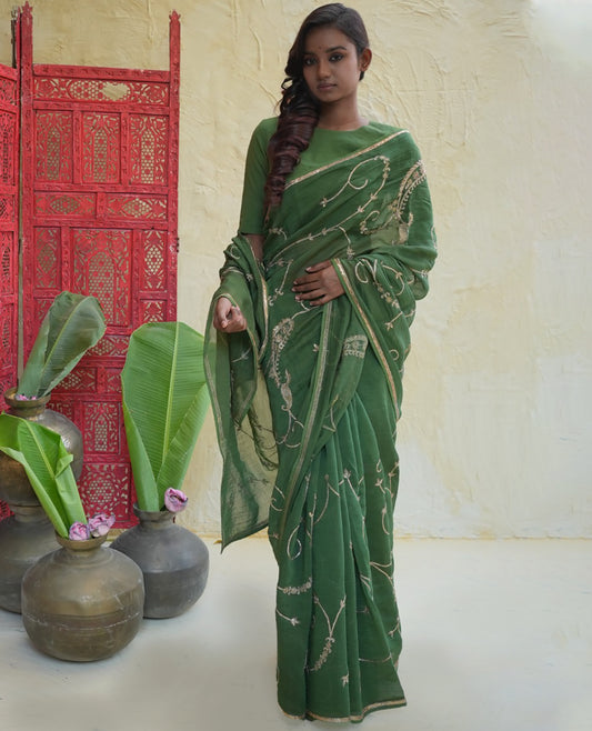 Emerald Green Chanderi Saree with Gold Vine Embroidery & Paisley Pallu