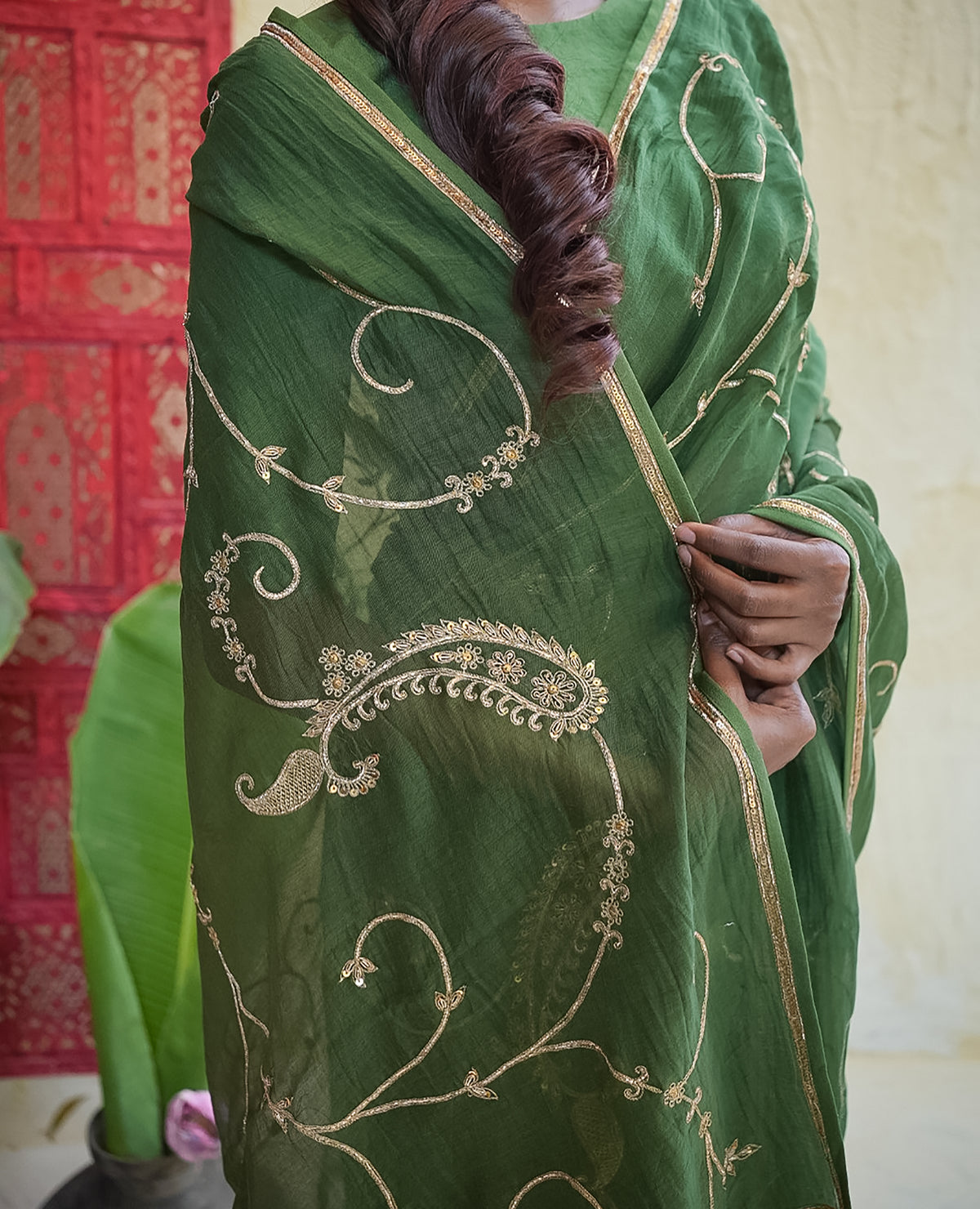 Emerald Green Chanderi Saree with Gold Vine Embroidery & Paisley Pallu