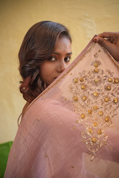 Dusty Rose Chanderi Saree with Gold Zari Border & Embroidered Pallu