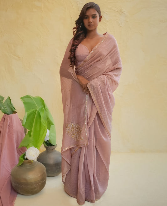 Dusty Rose Chanderi Saree with Gold Zari Border & Embroidered Pallu