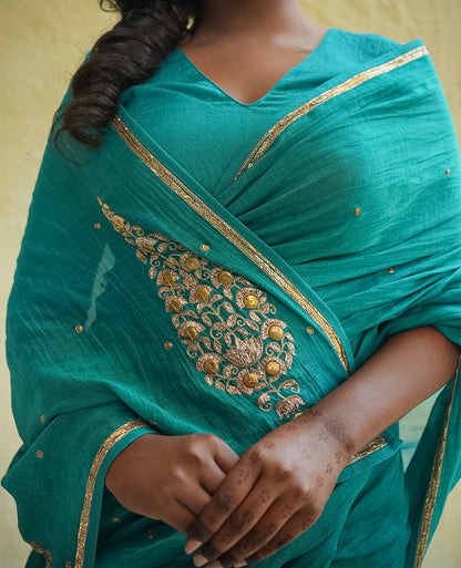 Teal Blue Chanderi Saree with Gold Zari Border & Embroidered Buttas