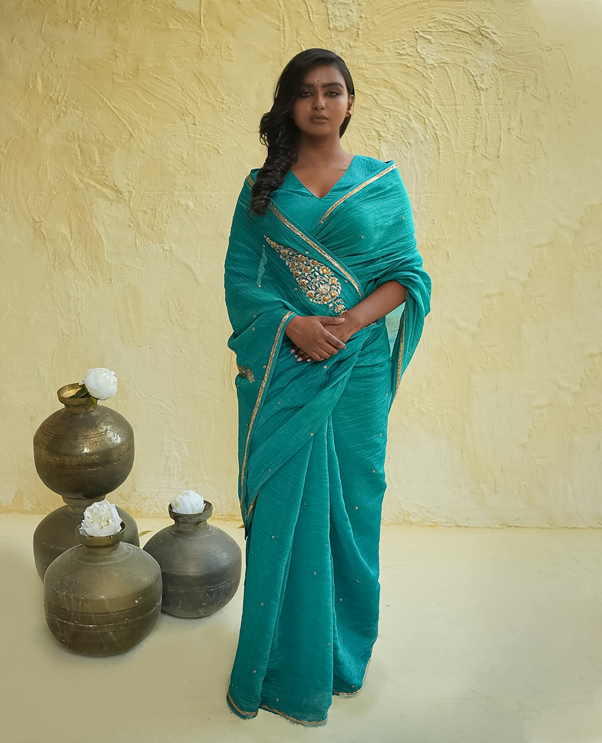 Teal Blue Chanderi Saree with Gold Zari Border & Embroidered Buttas