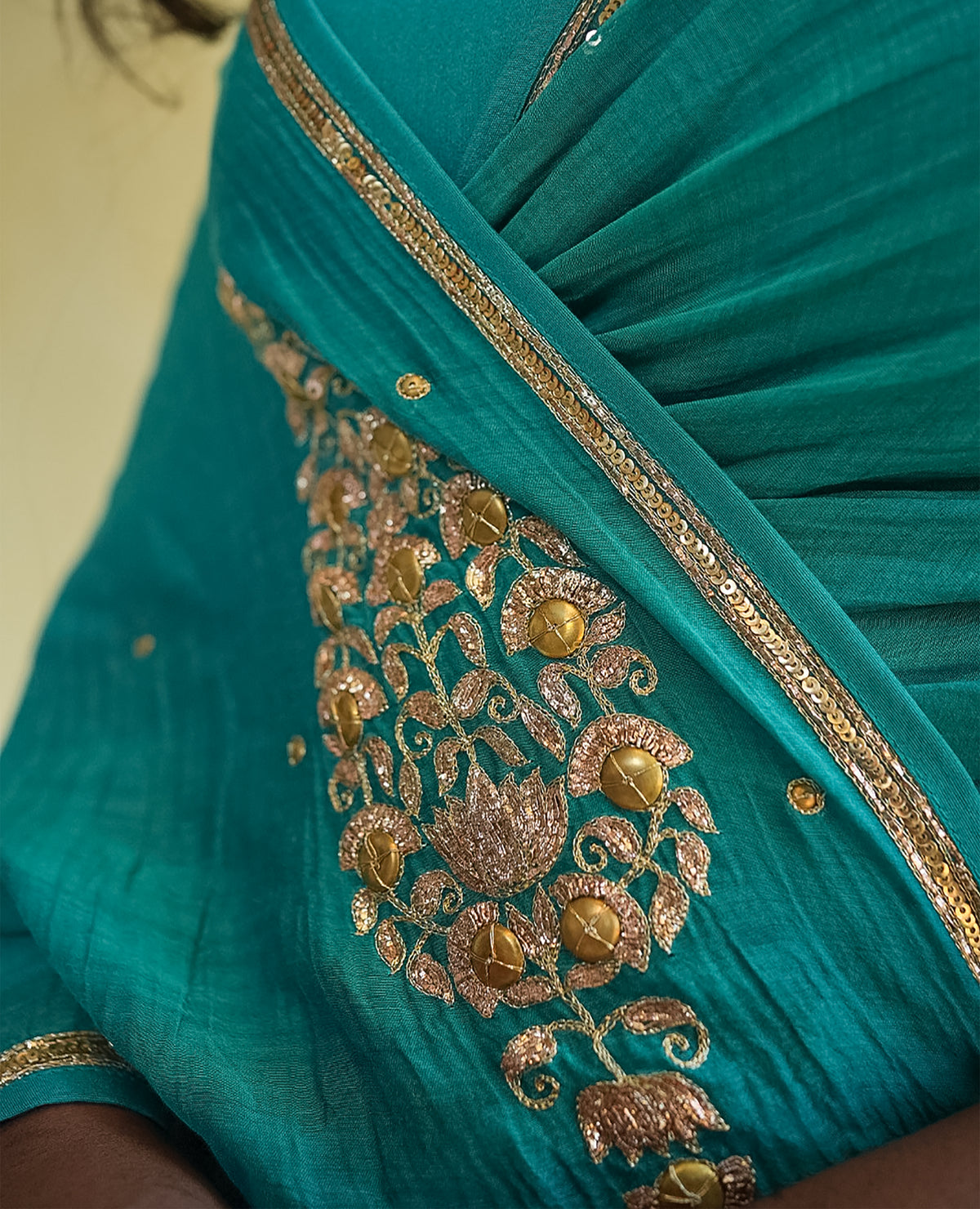 Teal Blue Chanderi Saree with Gold Zari Border & Embroidered Buttas