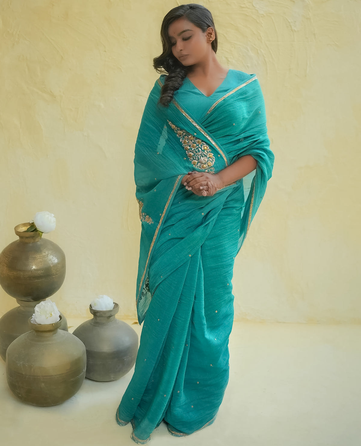 Teal Blue Chanderi Saree with Gold Zari Border & Embroidered Buttas
